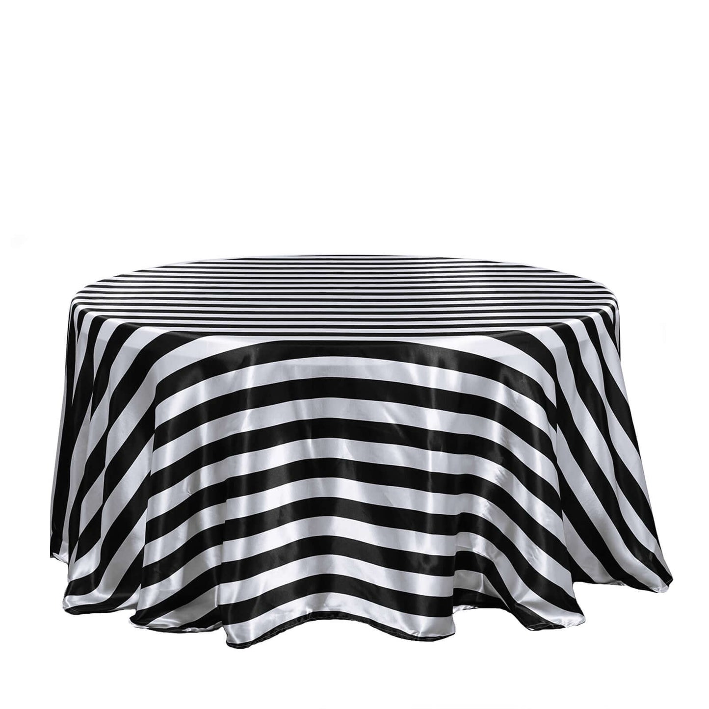 Satin 120" Round Tablecloth Black/White - Stripe Design with Seamless Silky Smooth Finish Table Cover - Linen Luxes