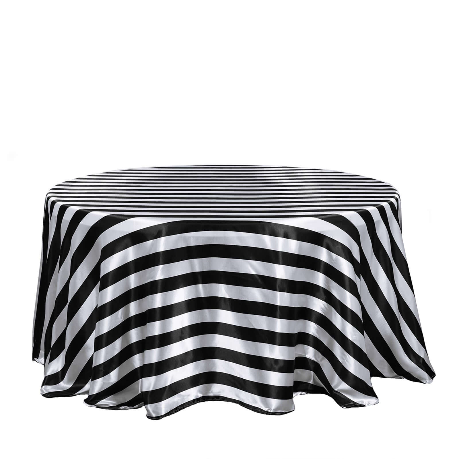 Satin 120" Round Tablecloth Black/White - Stripe Design with Seamless Silky Smooth Finish Table Cover - Linen Luxes