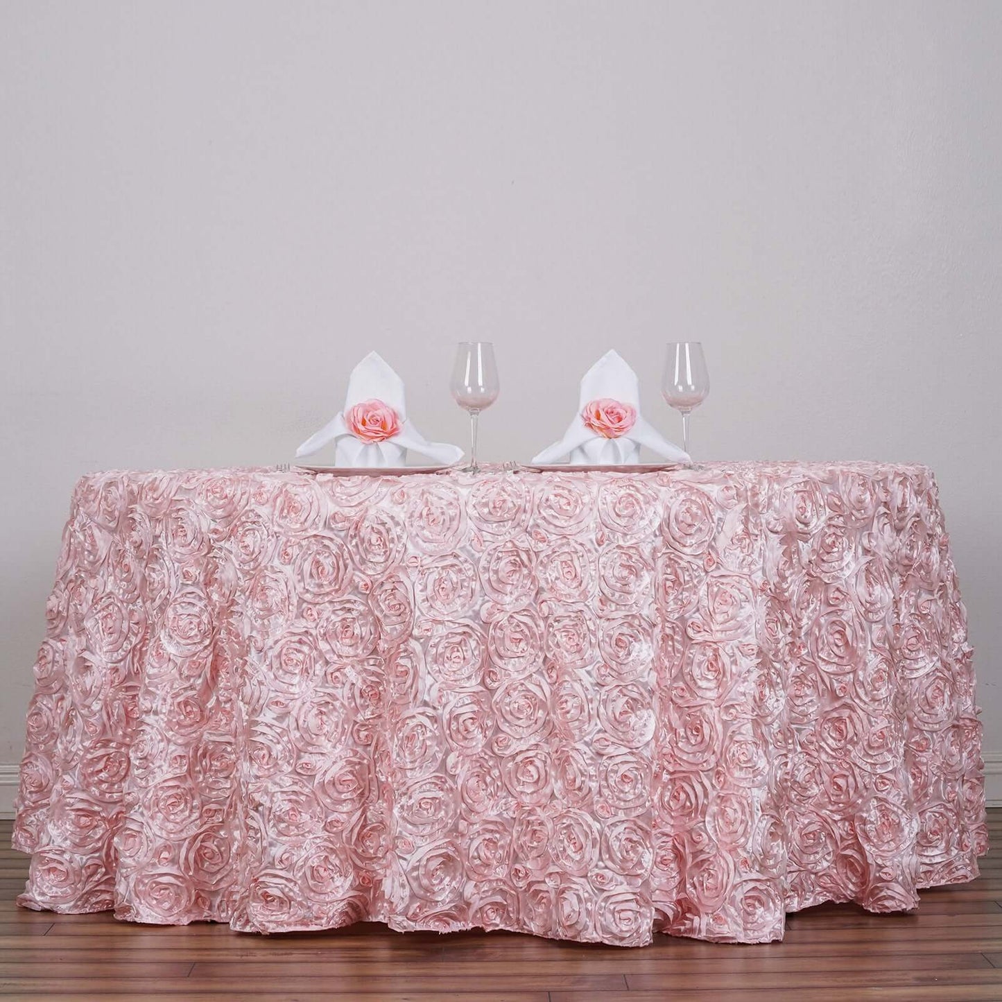 Satin 120" Round Tablecloth Blush - Grandiose 3D Rosette with Seamless Finish Table Cover - Linen Luxes