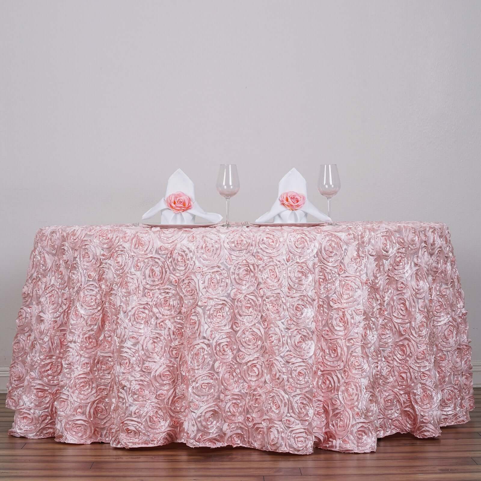 Satin 120" Round Tablecloth Blush - Grandiose 3D Rosette with Seamless Finish Table Cover - Linen Luxes