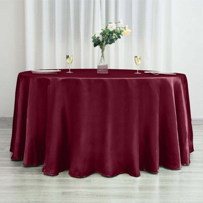 Satin 120" Round Tablecloth Burgundy - Stylish Seamless Table Cover - Linen Luxes