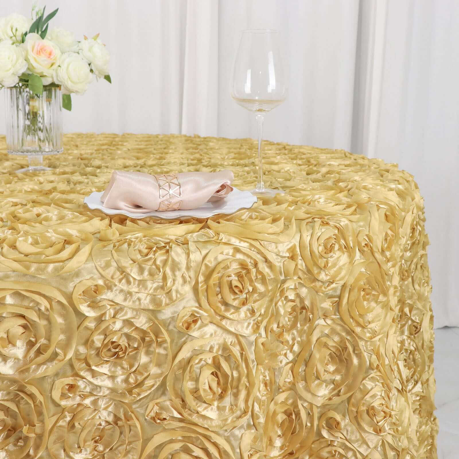Satin 120" Round Tablecloth Champagne - Grandiose 3D Rosette with Seamless Finish Table Cover - Linen Luxes