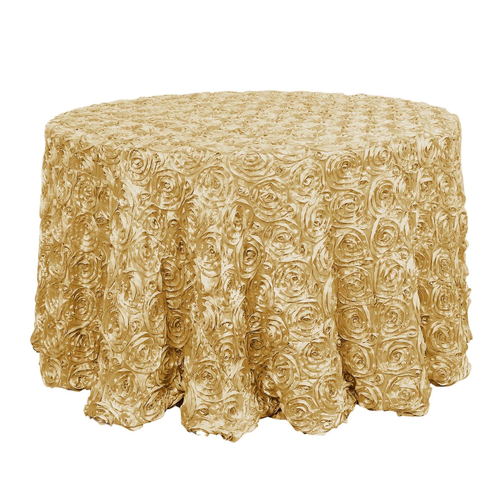 Satin 120" Round Tablecloth Champagne - Grandiose 3D Rosette with Seamless Finish Table Cover - Linen Luxes