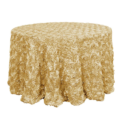 Satin 120" Round Tablecloth Champagne - Grandiose 3D Rosette with Seamless Finish Table Cover - Linen Luxes