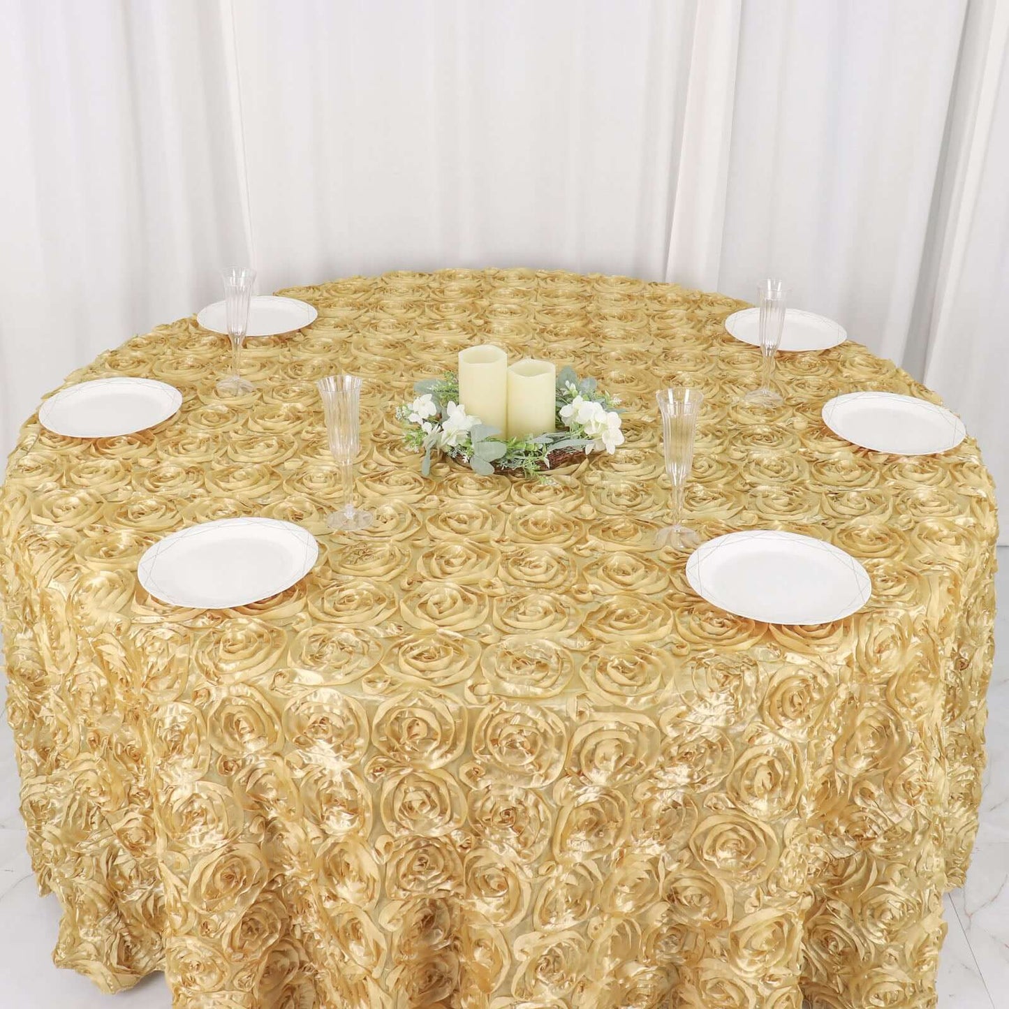 Satin 120" Round Tablecloth Champagne - Grandiose 3D Rosette with Seamless Finish Table Cover - Linen Luxes
