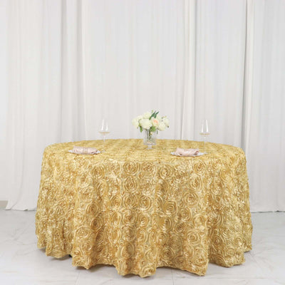 Satin 120" Round Tablecloth Champagne - Grandiose 3D Rosette with Seamless Finish Table Cover - Linen Luxes