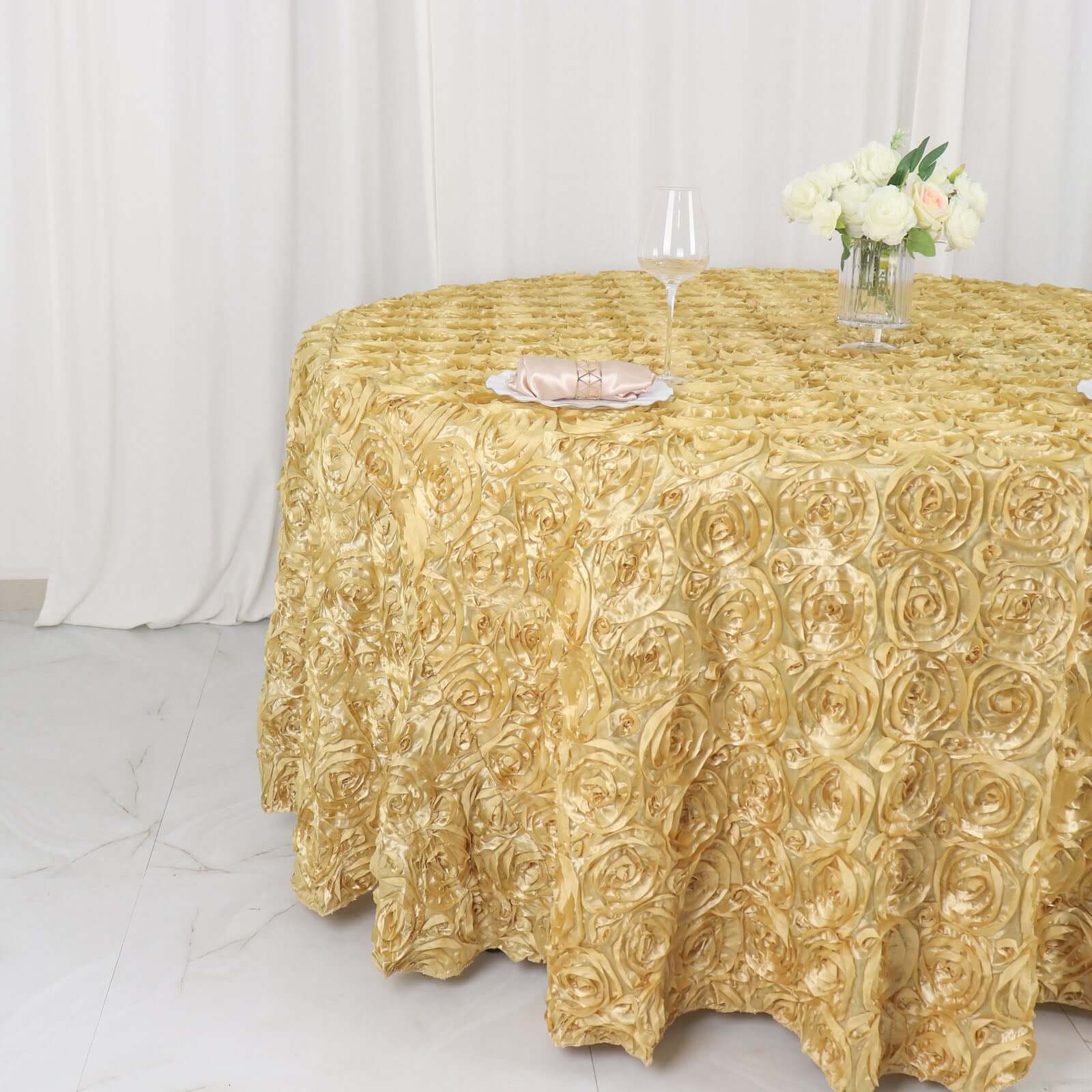 Satin 120" Round Tablecloth Champagne - Grandiose 3D Rosette with Seamless Finish Table Cover - Linen Luxes