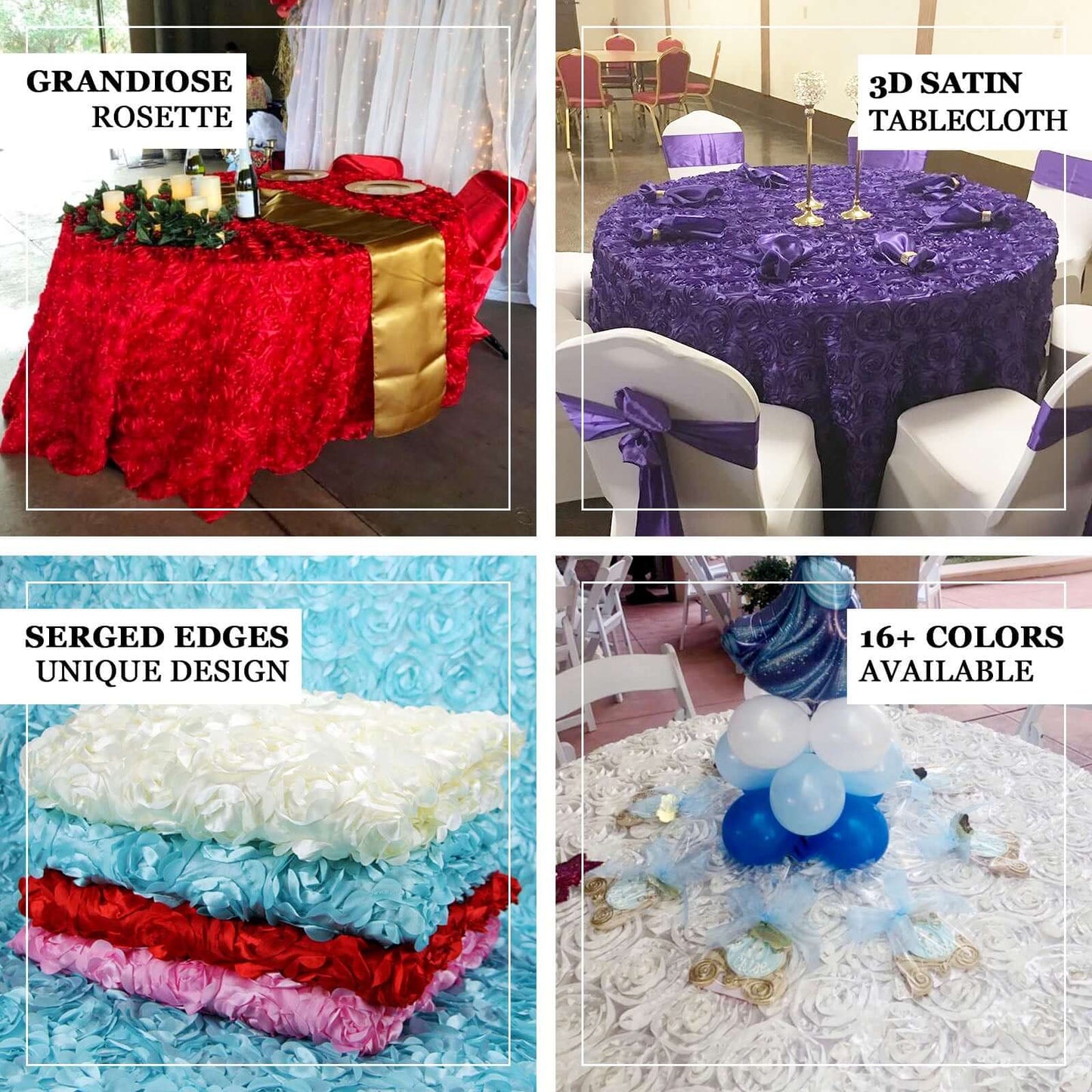 Satin 120" Round Tablecloth Champagne - Grandiose 3D Rosette with Seamless Finish Table Cover - Linen Luxes