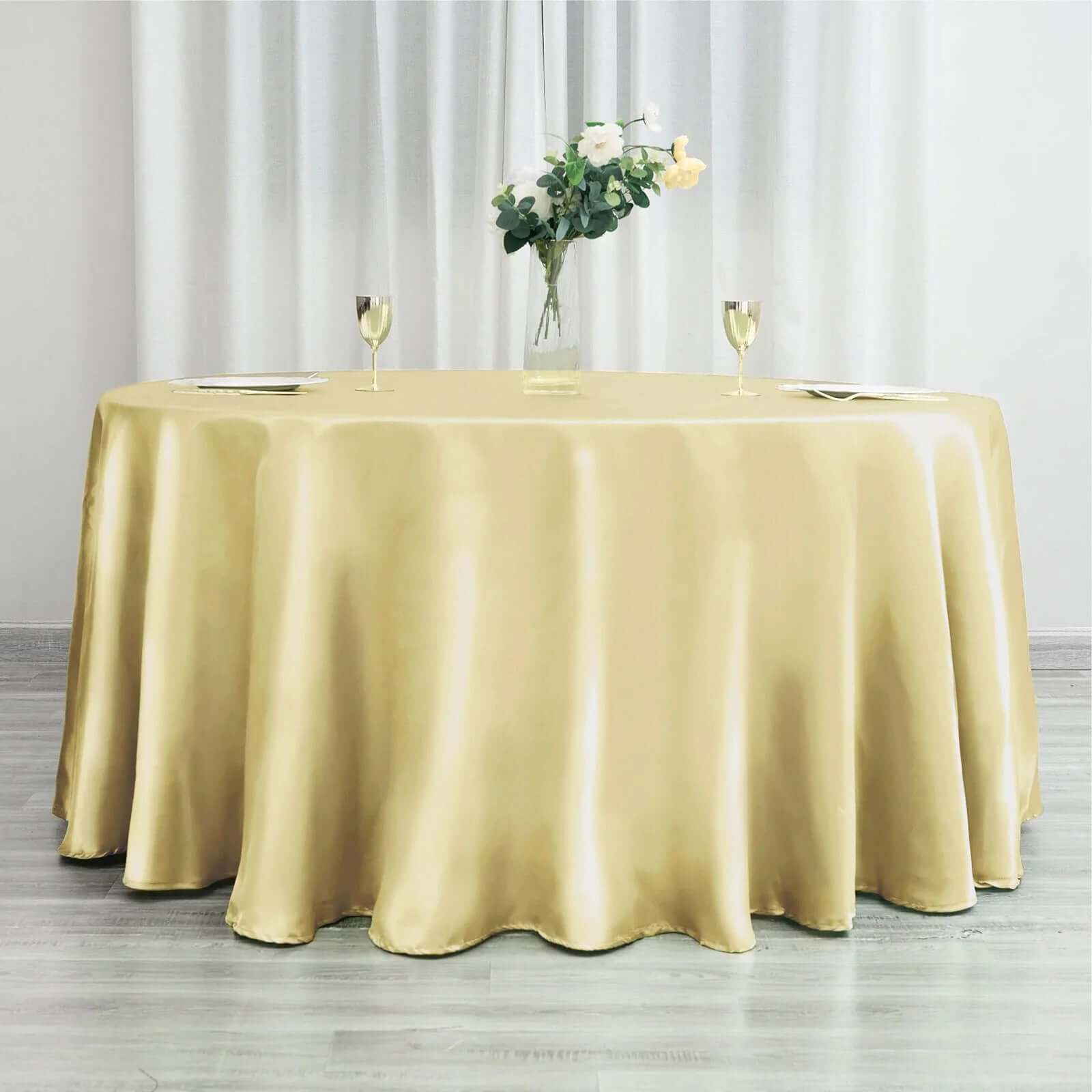 Satin 120" Round Tablecloth Champagne - Stylish Seamless Table Cover - Linen Luxes