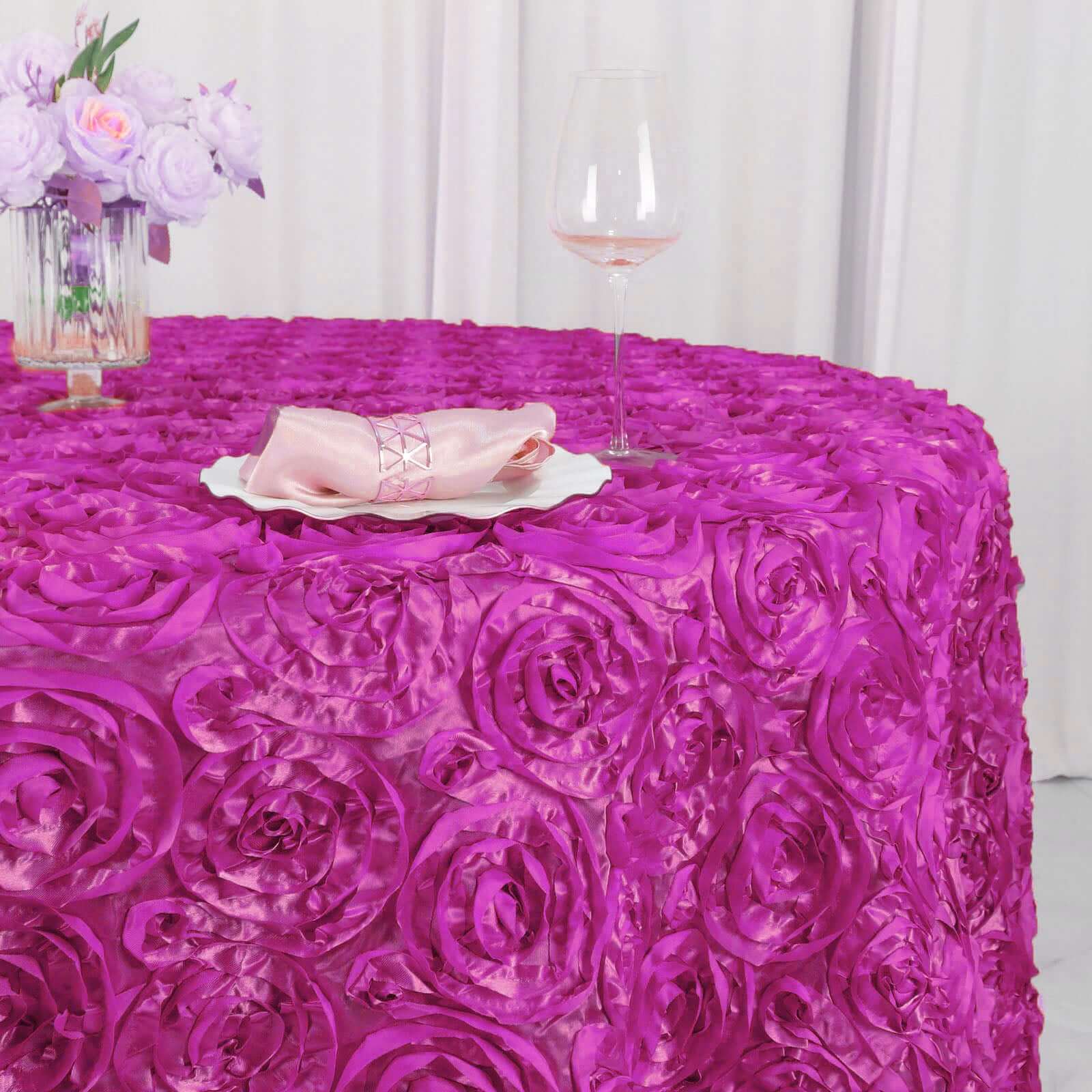 Satin 120" Round Tablecloth Fuchsia - Grandiose 3D Rosette with Seamless Finish Table Cover - Linen Luxes