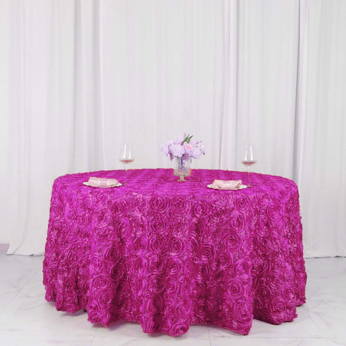 Satin 120" Round Tablecloth Fuchsia - Grandiose 3D Rosette with Seamless Finish Table Cover - Linen Luxes