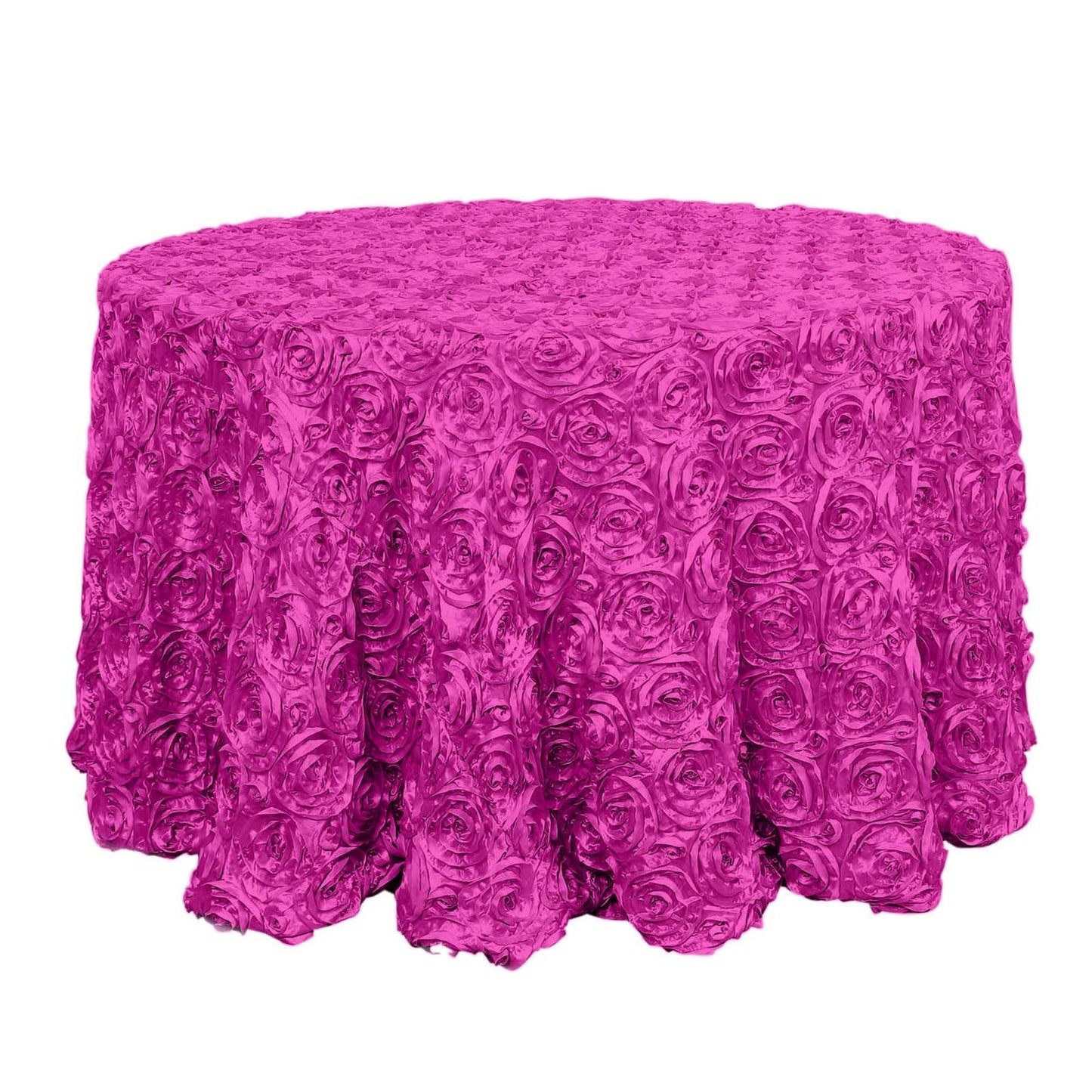 Satin 120" Round Tablecloth Fuchsia - Grandiose 3D Rosette with Seamless Finish Table Cover - Linen Luxes