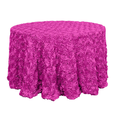Satin 120" Round Tablecloth Fuchsia - Grandiose 3D Rosette with Seamless Finish Table Cover - Linen Luxes