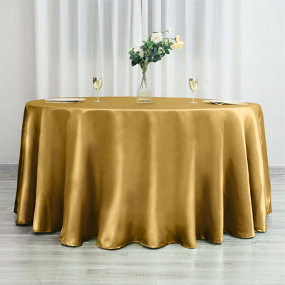 Satin 120" Round Tablecloth Gold - Stylish Seamless Table Cover for Weddings & Events - Linen Luxes