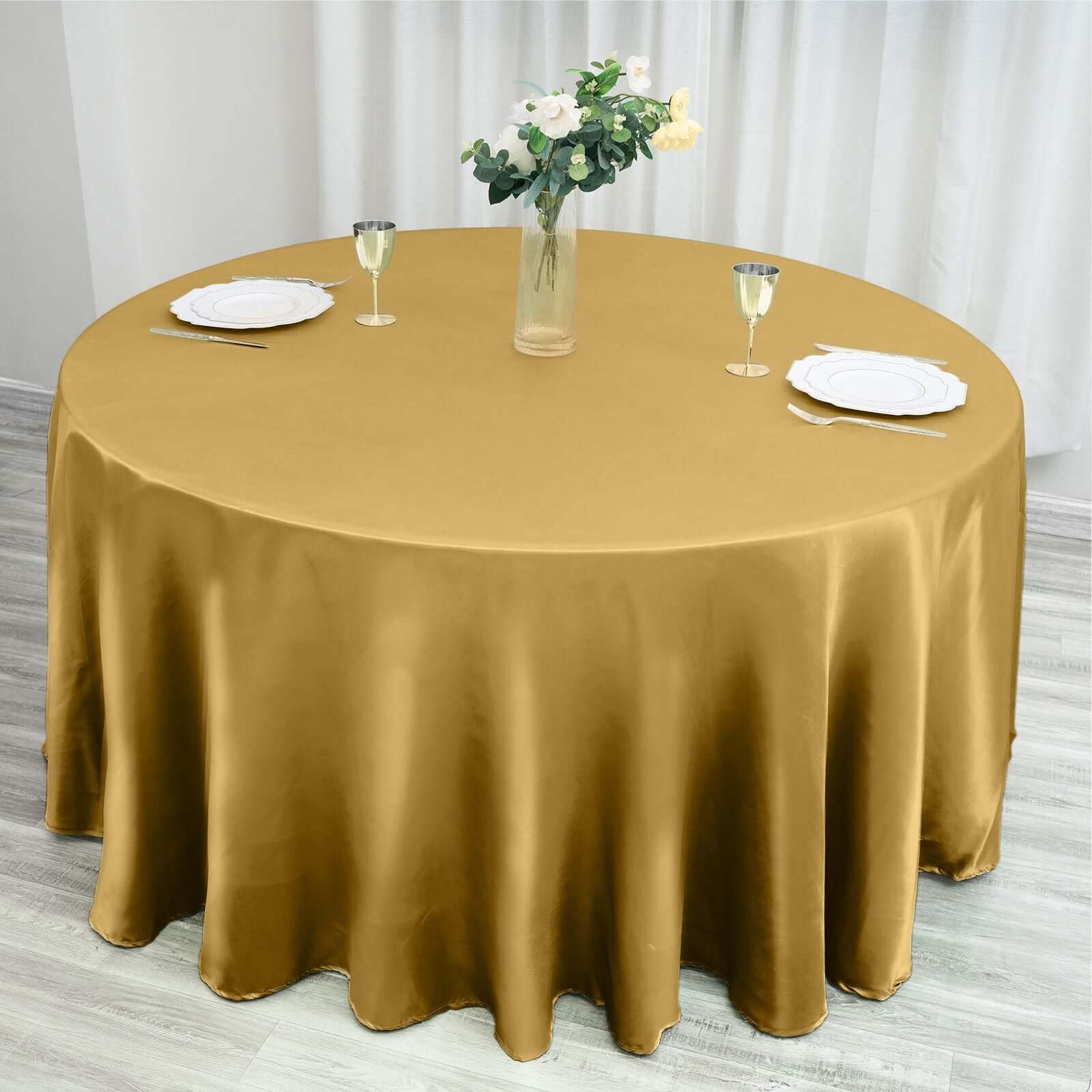 Satin 120" Round Tablecloth Gold - Stylish Seamless Table Cover for Weddings & Events - Linen Luxes