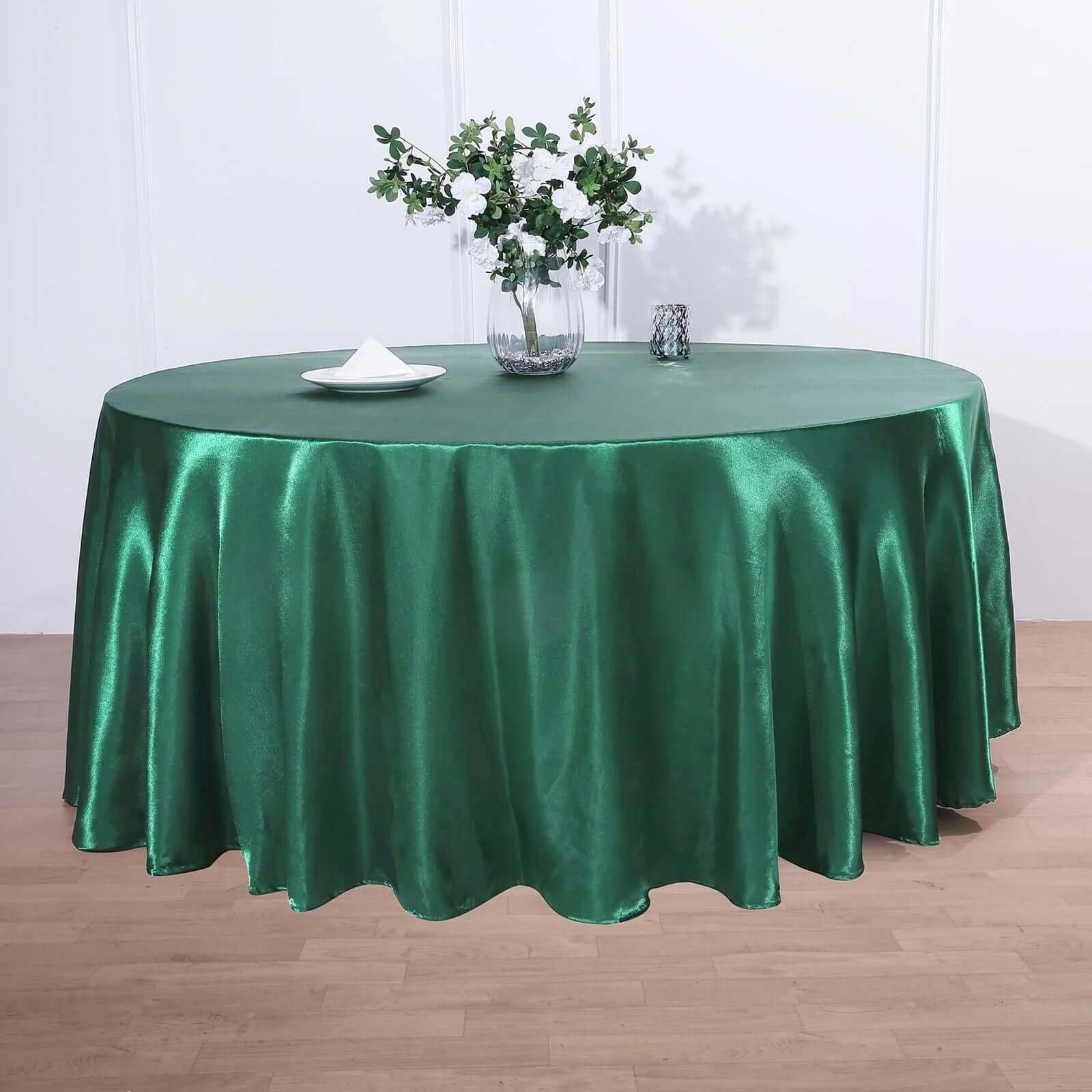 Satin 120" Round Tablecloth Hunter Emerald Green - Stylish Seamless Table Cover - Linen Luxes