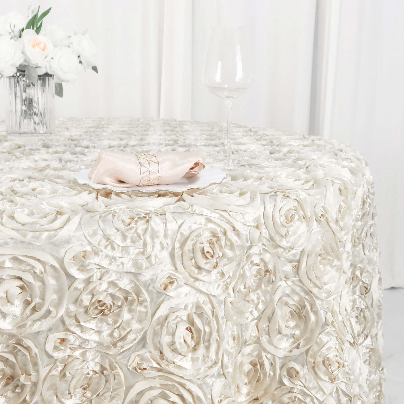 Satin 120" Round Tablecloth Ivory - Grandiose 3D Rosette with Seamless Finish Table Cover - Linen Luxes