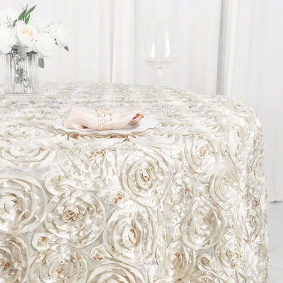 Satin 120" Round Tablecloth Ivory - Grandiose 3D Rosette with Seamless Finish Table Cover - Linen Luxes