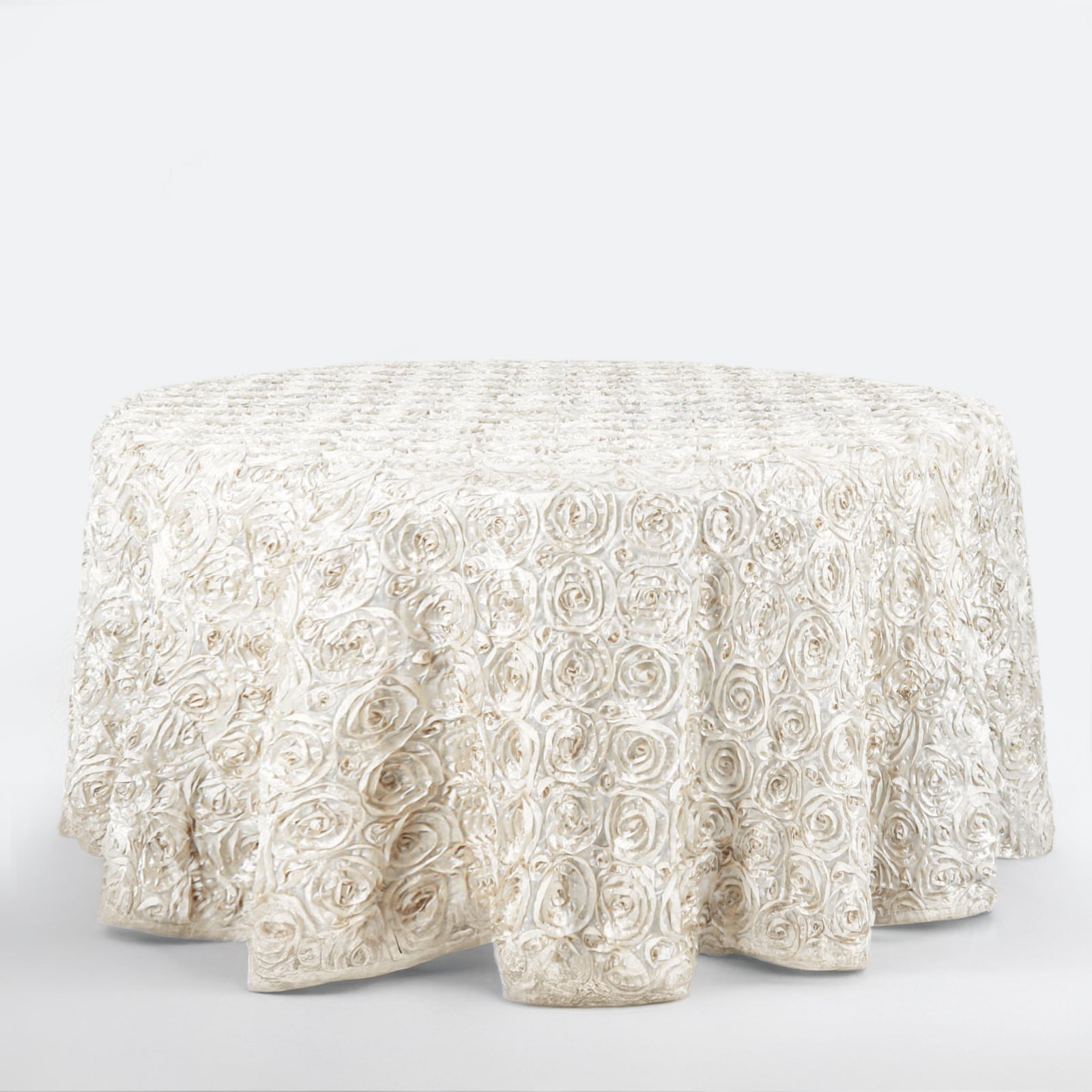 Satin 120" Round Tablecloth Ivory - Grandiose 3D Rosette with Seamless Finish Table Cover - Linen Luxes
