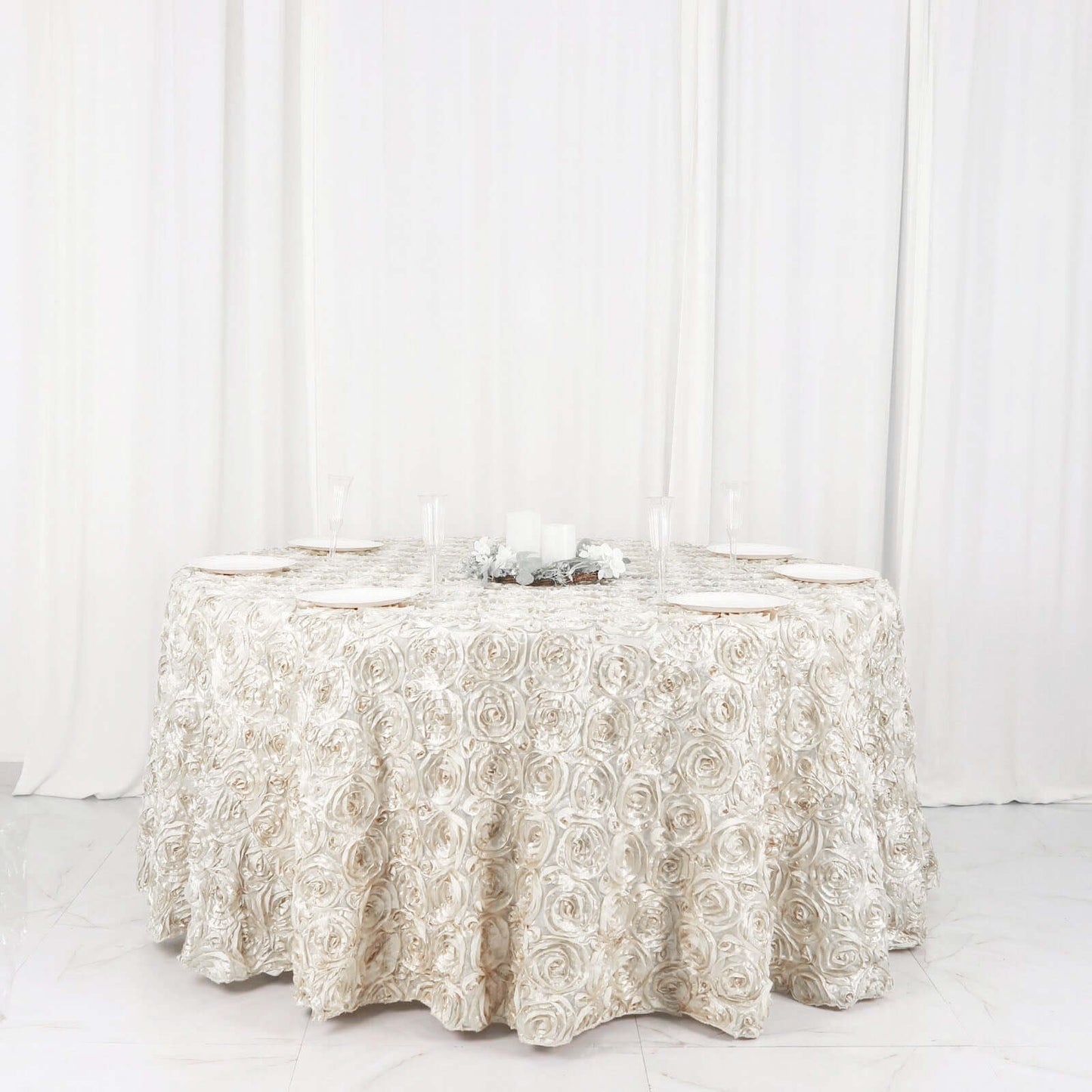 Satin 120" Round Tablecloth Ivory - Grandiose 3D Rosette with Seamless Finish Table Cover - Linen Luxes