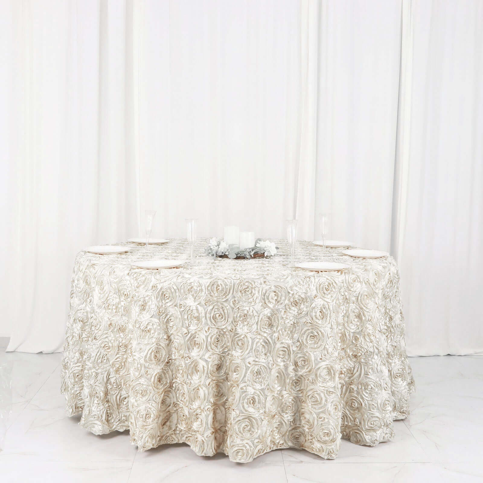 Satin 120" Round Tablecloth Ivory - Grandiose 3D Rosette with Seamless Finish Table Cover - Linen Luxes