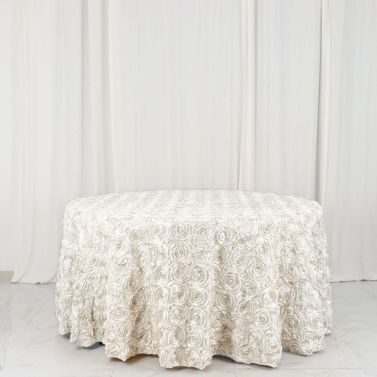 Satin 120" Round Tablecloth Ivory - Grandiose 3D Rosette with Seamless Finish Table Cover - Linen Luxes