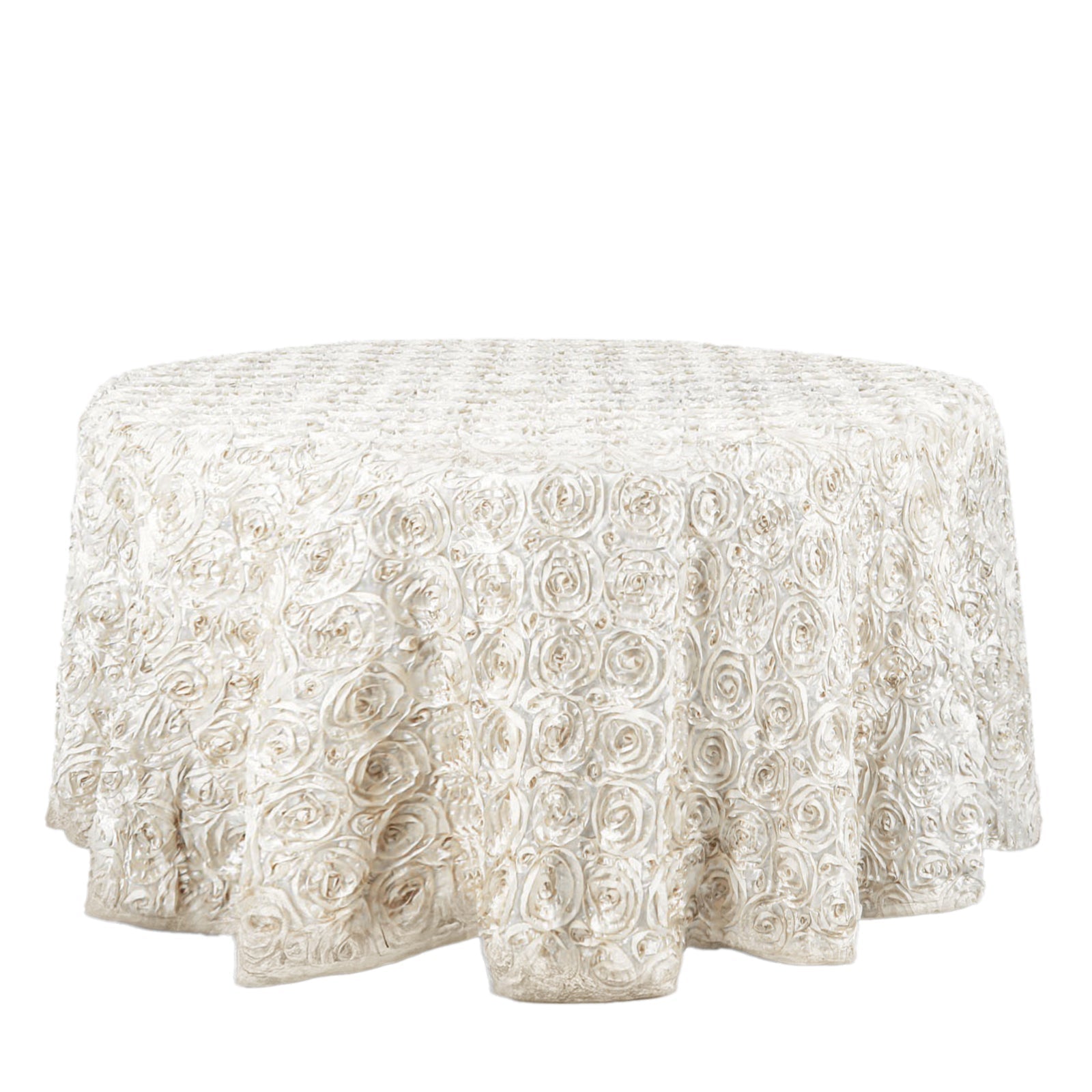 Satin 120" Round Tablecloth Ivory - Grandiose 3D Rosette with Seamless Finish Table Cover - Linen Luxes