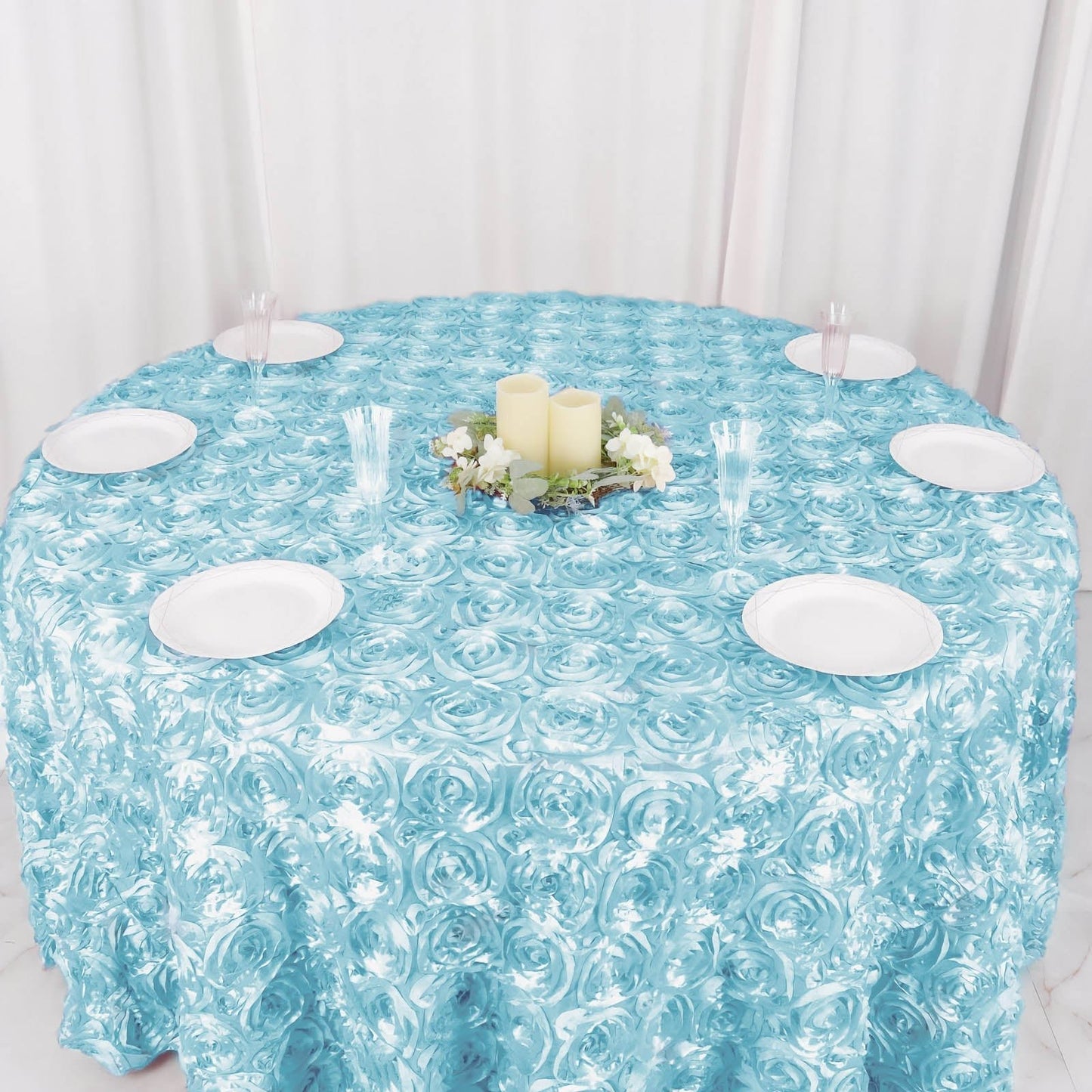 Satin 120" Round Tablecloth Light Blue - Grandiose 3D Rosette with Seamless Finish Table Cover - Linen Luxes