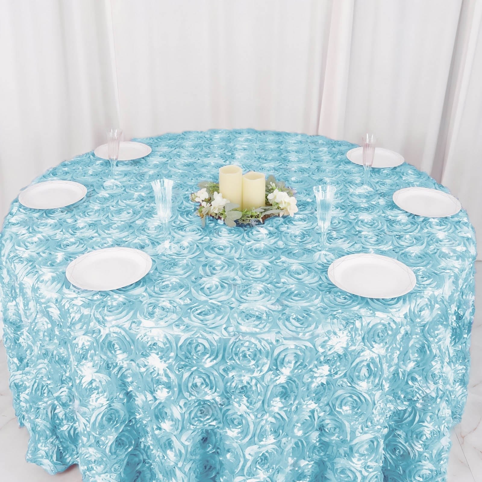 Satin 120" Round Tablecloth Light Blue - Grandiose 3D Rosette with Seamless Finish Table Cover - Linen Luxes