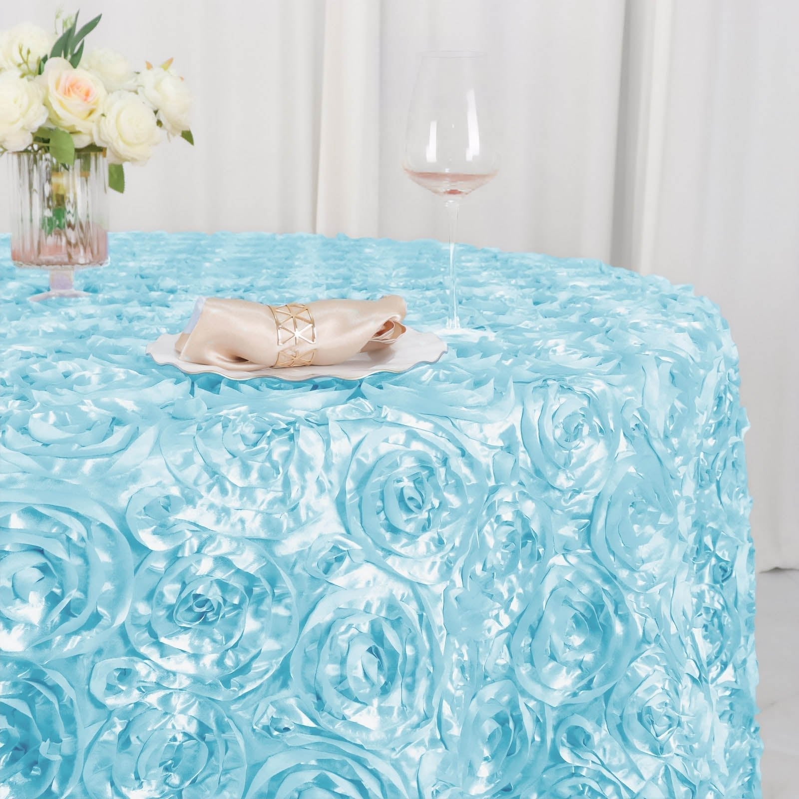 Satin 120" Round Tablecloth Light Blue - Grandiose 3D Rosette with Seamless Finish Table Cover - Linen Luxes