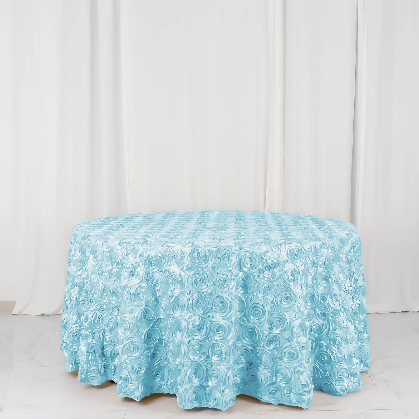 Satin 120" Round Tablecloth Light Blue - Grandiose 3D Rosette with Seamless Finish Table Cover - Linen Luxes