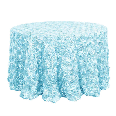 Satin 120" Round Tablecloth Light Blue - Grandiose 3D Rosette with Seamless Finish Table Cover - Linen Luxes