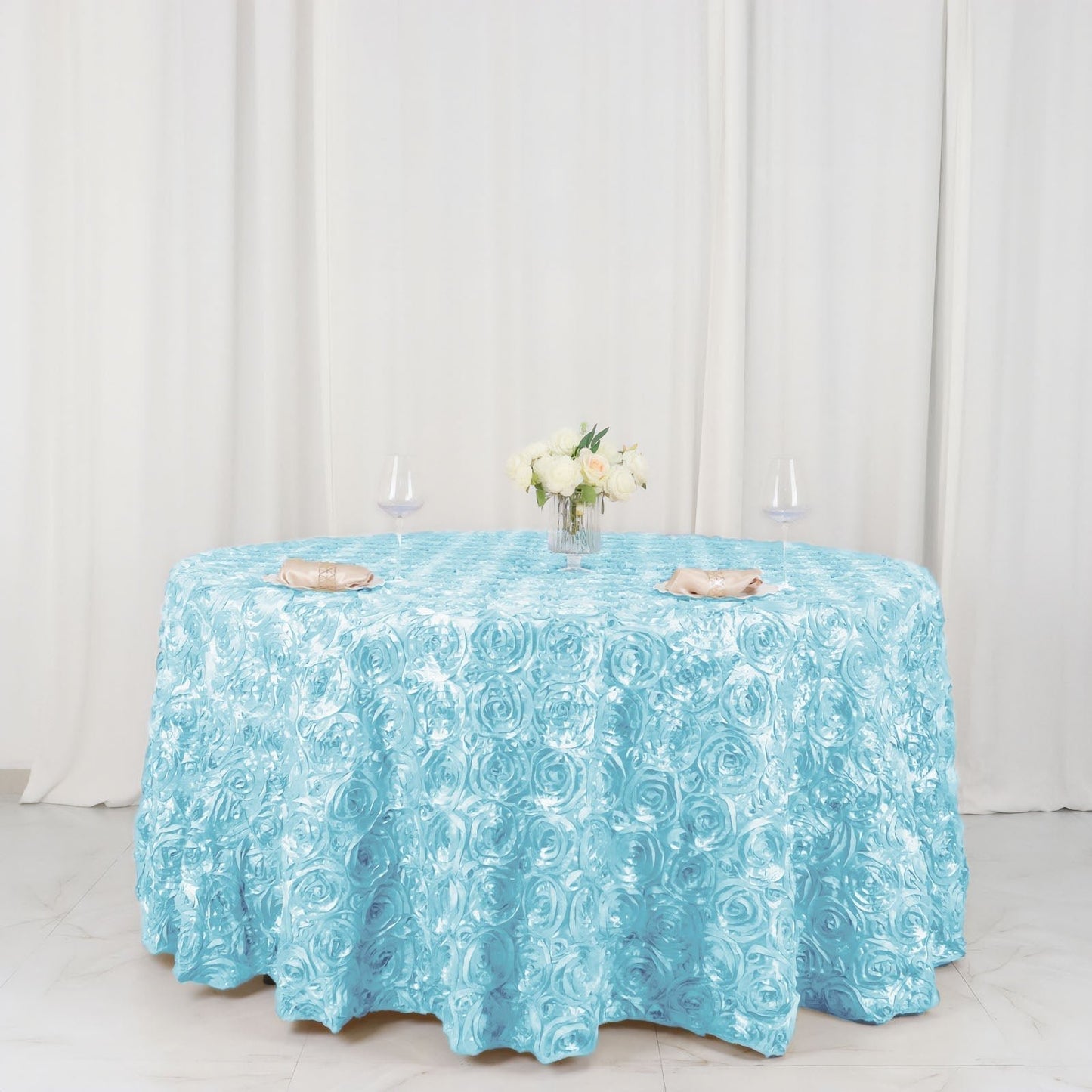 Satin 120" Round Tablecloth Light Blue - Grandiose 3D Rosette with Seamless Finish Table Cover - Linen Luxes