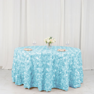 Satin 120" Round Tablecloth Light Blue - Grandiose 3D Rosette with Seamless Finish Table Cover - Linen Luxes