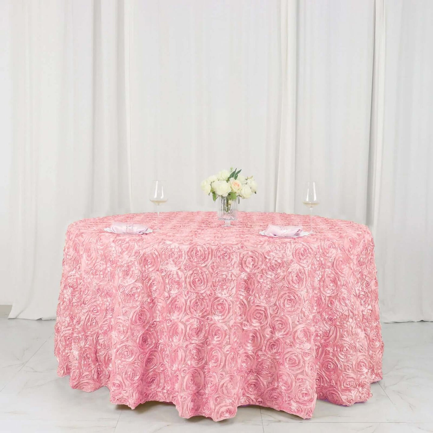 Satin 120" Round Tablecloth Pink - Grandiose 3D Rosette with Seamless Finish Table Cover - Linen Luxes