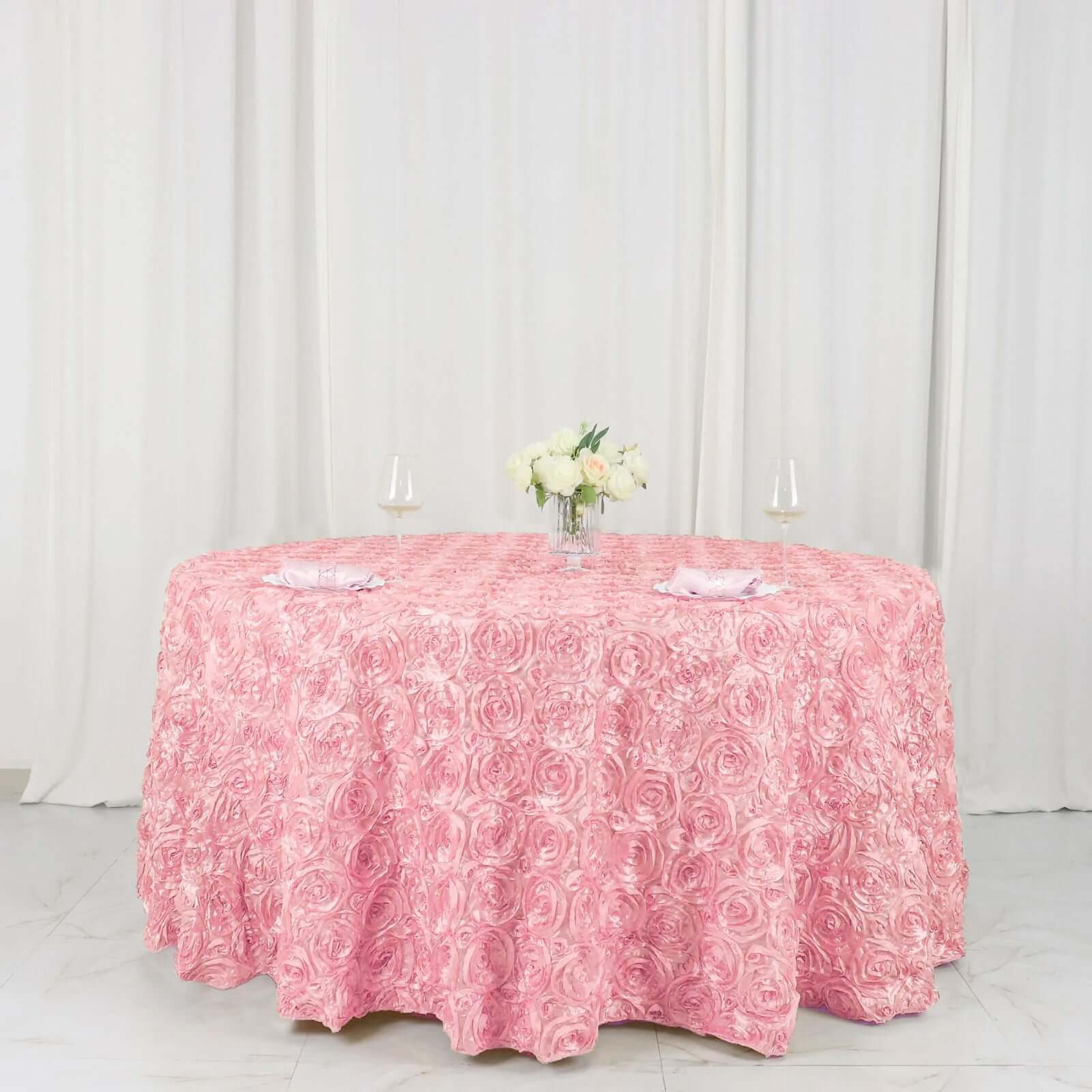 Satin 120" Round Tablecloth Pink - Grandiose 3D Rosette with Seamless Finish Table Cover - Linen Luxes
