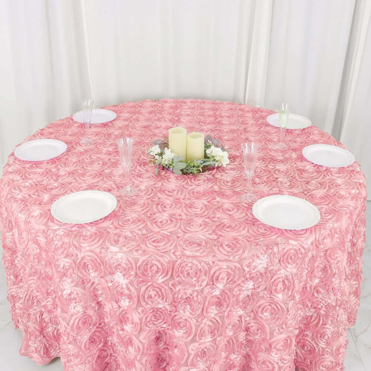 Satin 120" Round Tablecloth Pink - Grandiose 3D Rosette with Seamless Finish Table Cover - Linen Luxes