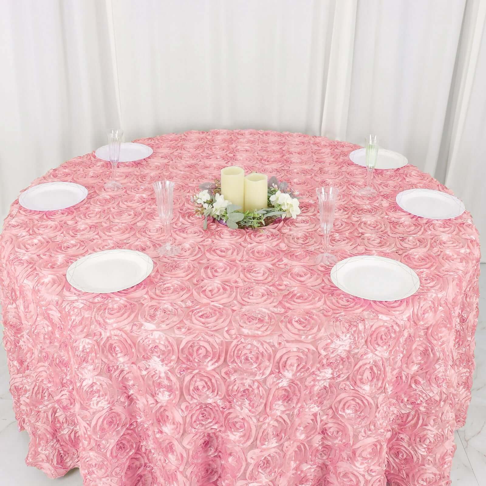Satin 120" Round Tablecloth Pink - Grandiose 3D Rosette with Seamless Finish Table Cover - Linen Luxes