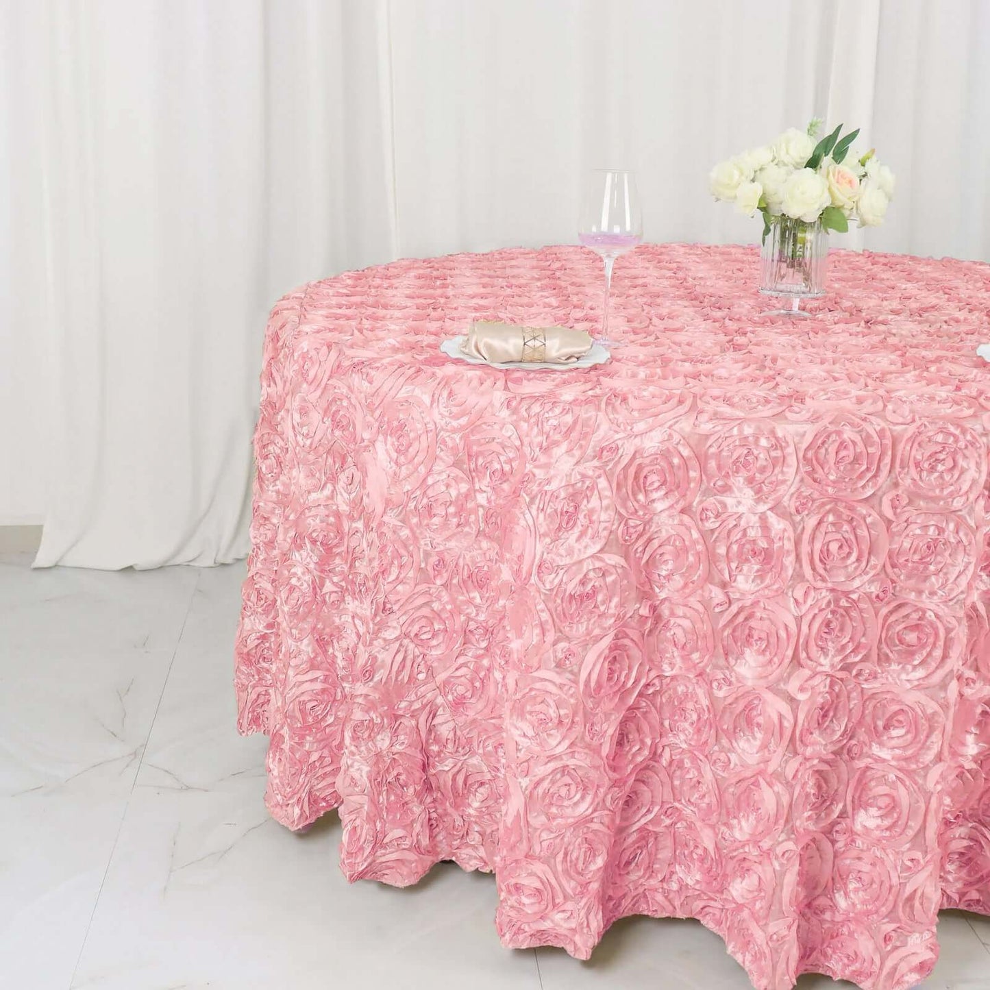 Satin 120" Round Tablecloth Pink - Grandiose 3D Rosette with Seamless Finish Table Cover - Linen Luxes