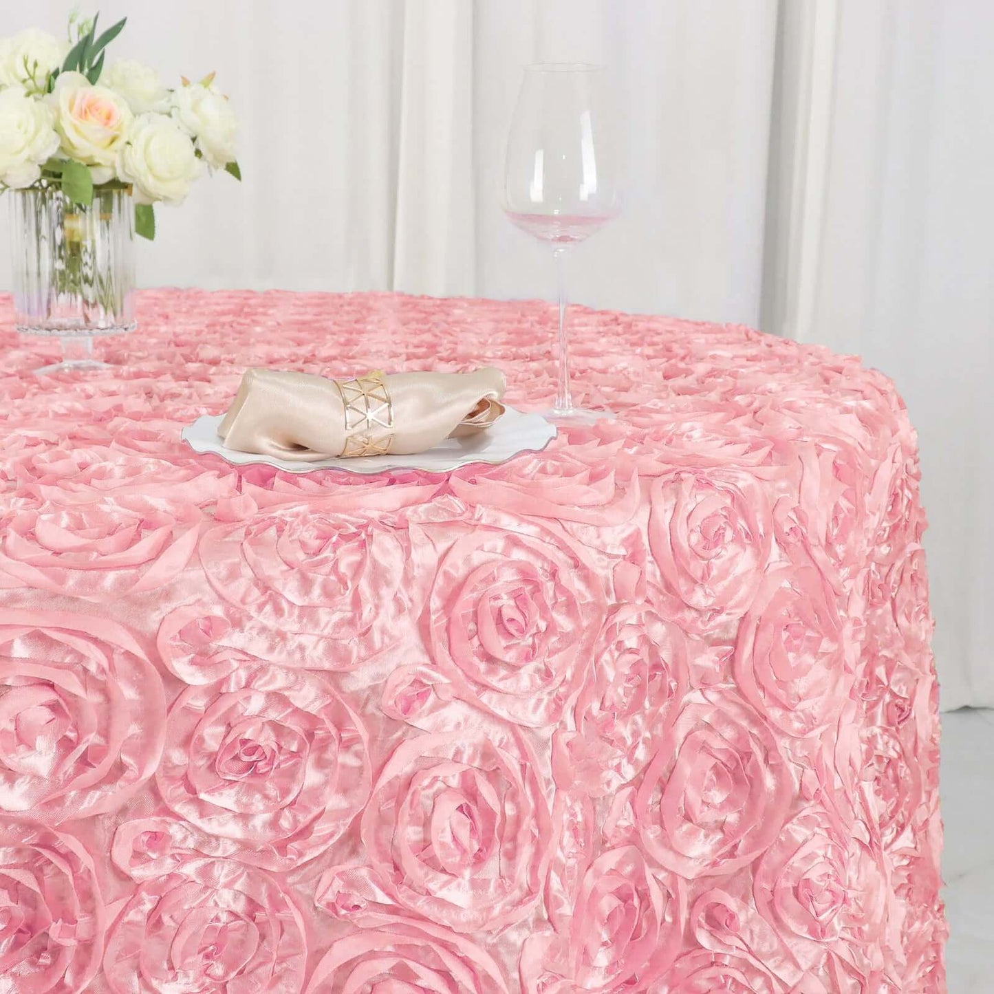 Satin 120" Round Tablecloth Pink - Grandiose 3D Rosette with Seamless Finish Table Cover - Linen Luxes