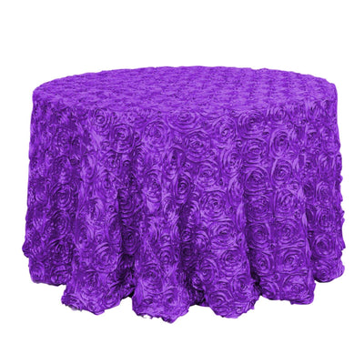Satin 120" Round Tablecloth Purple - Grandiose 3D Rosette with Seamless Finish Table Cover - Linen Luxes