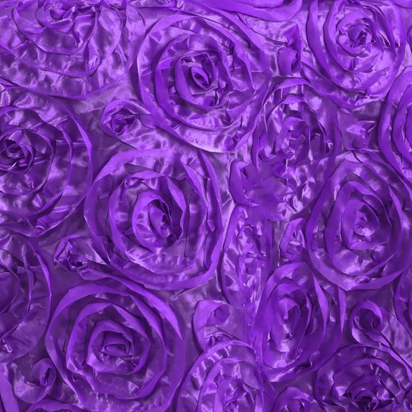Satin 120" Round Tablecloth Purple - Grandiose 3D Rosette with Seamless Finish Table Cover - Linen Luxes