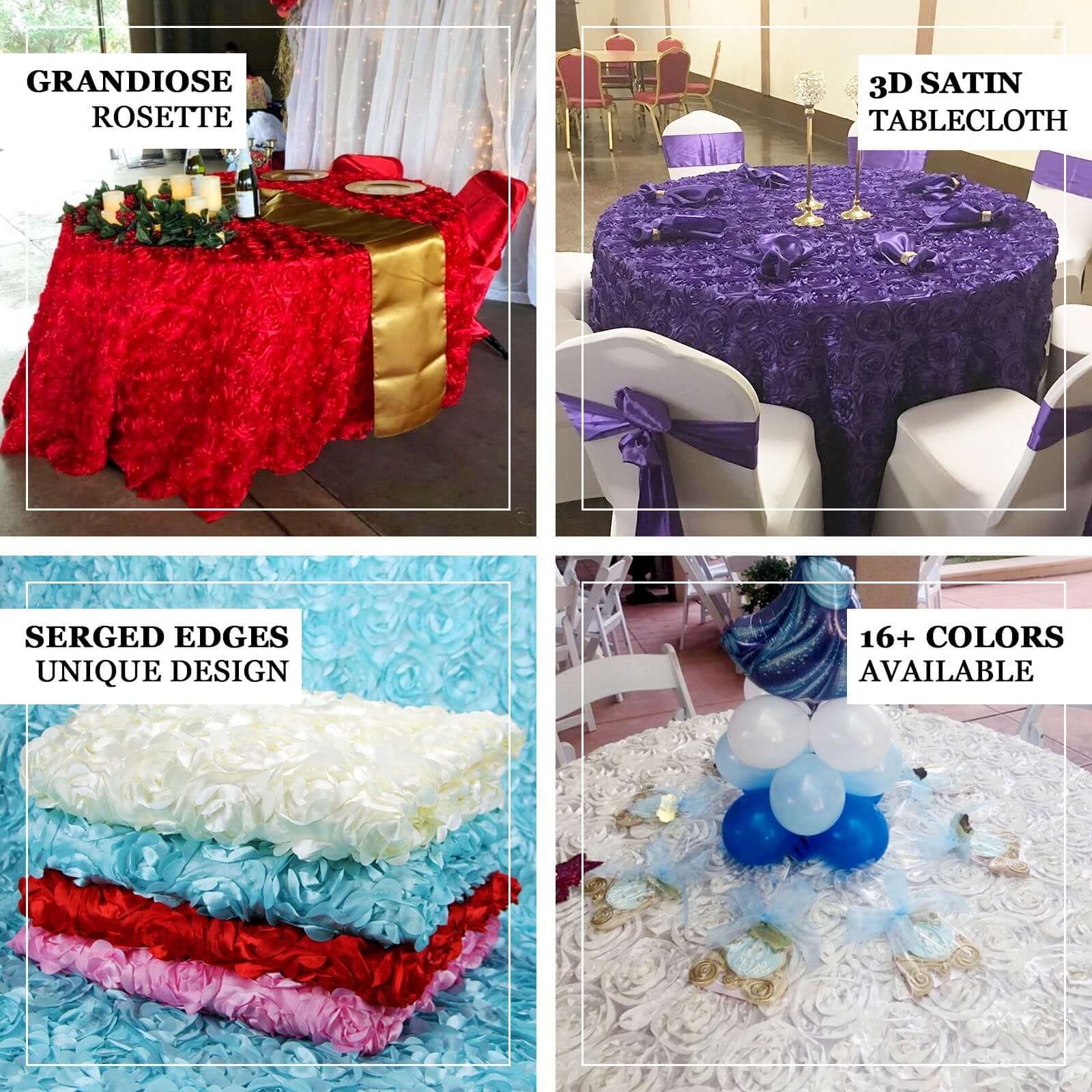 Satin 120" Round Tablecloth Purple - Grandiose 3D Rosette with Seamless Finish Table Cover - Linen Luxes
