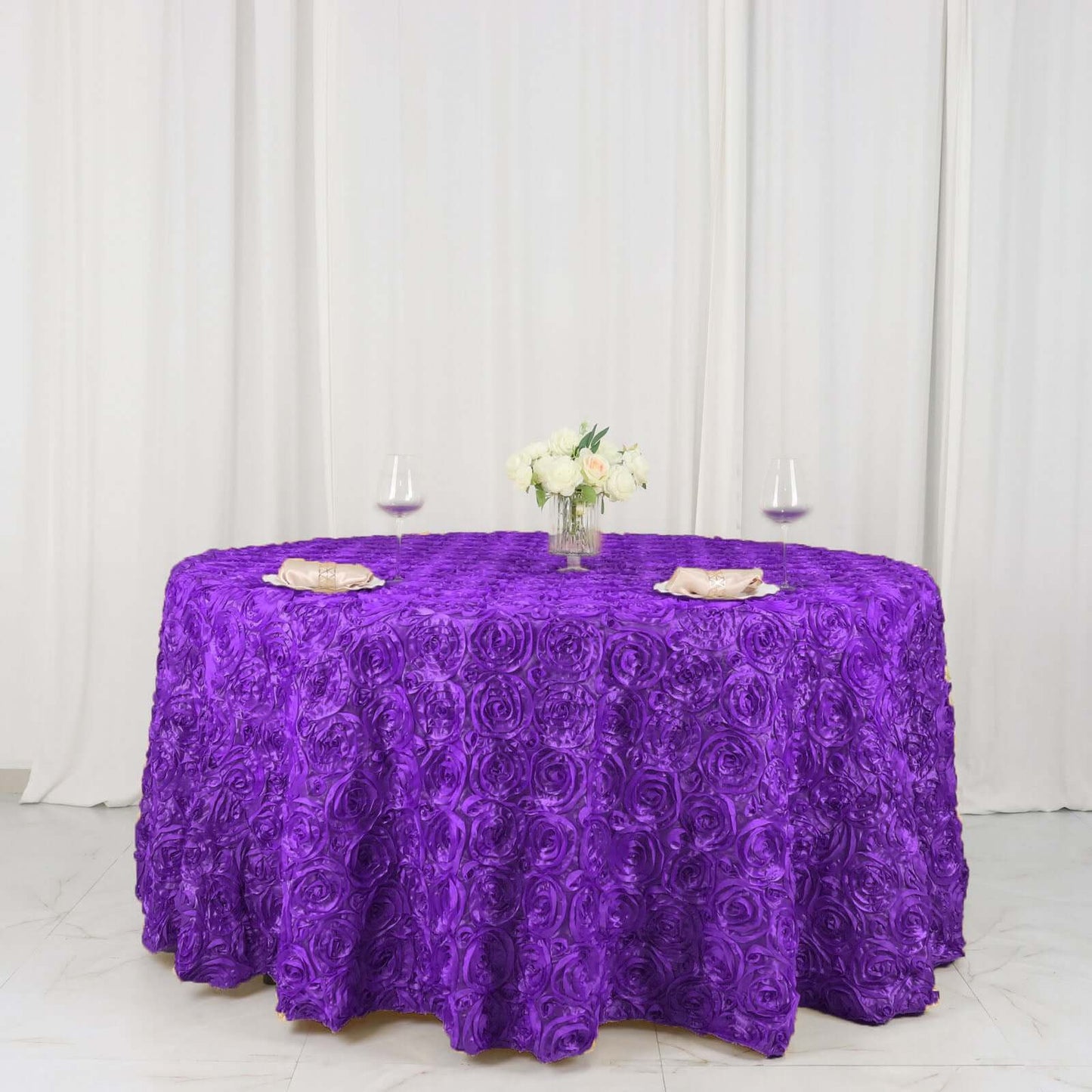 Satin 120" Round Tablecloth Purple - Grandiose 3D Rosette with Seamless Finish Table Cover - Linen Luxes