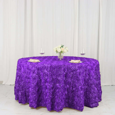 Satin 120" Round Tablecloth Purple - Grandiose 3D Rosette with Seamless Finish Table Cover - Linen Luxes