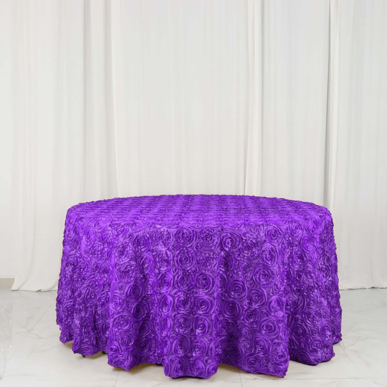 Satin 120" Round Tablecloth Purple - Grandiose 3D Rosette with Seamless Finish Table Cover - Linen Luxes