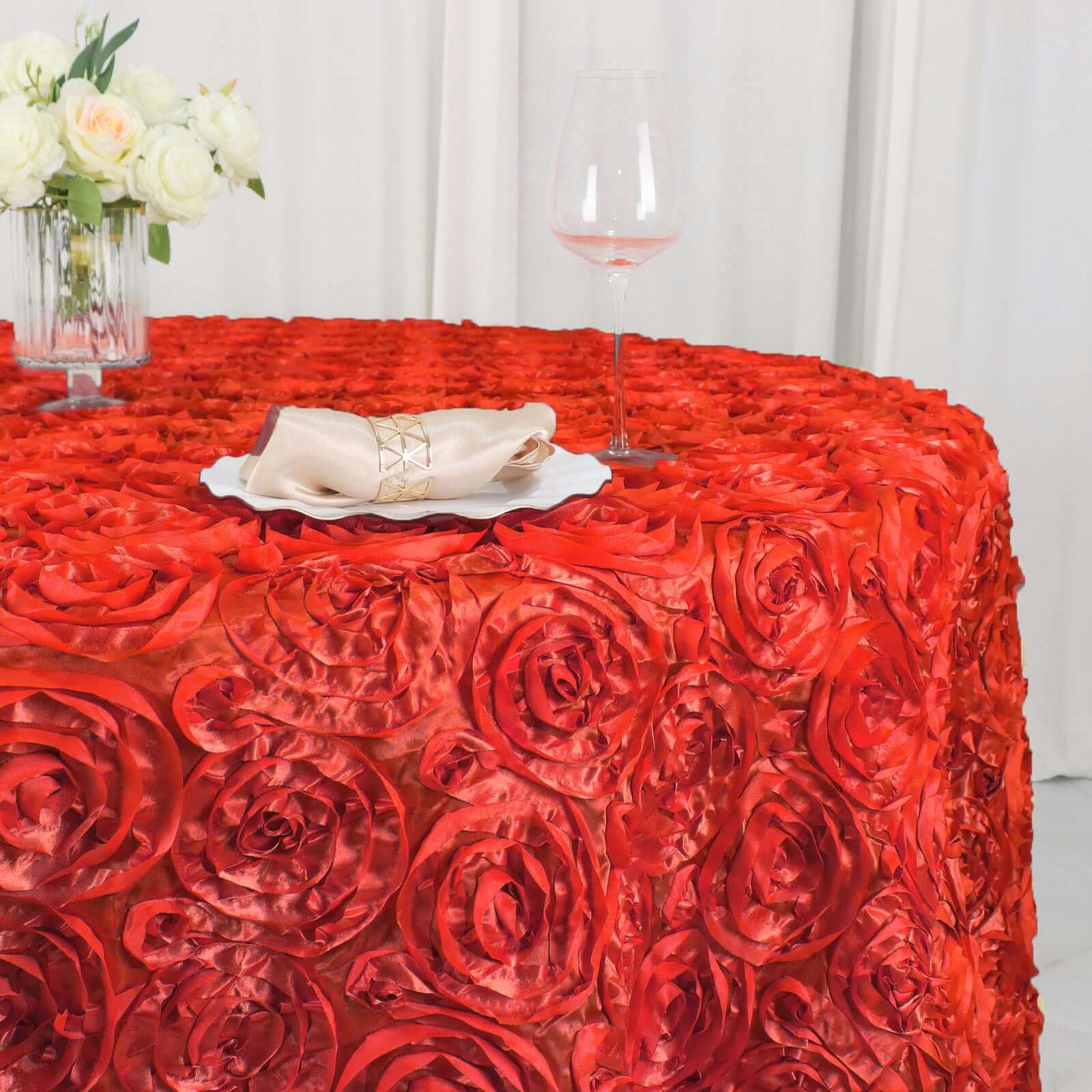 Satin 120" Round Tablecloth Red - Grandiose 3D Rosette with Seamless Finish Table Cover - Linen Luxes