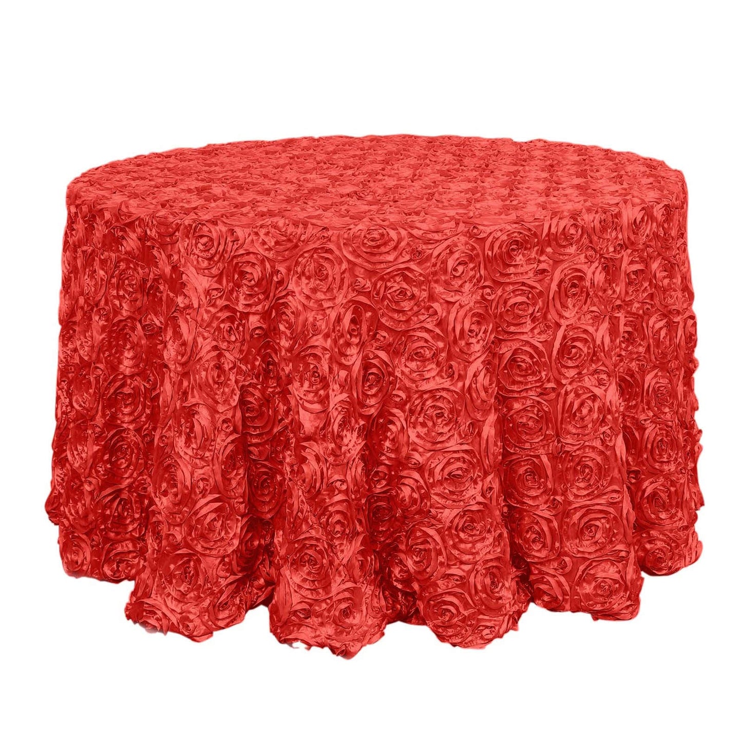Satin 120" Round Tablecloth Red - Grandiose 3D Rosette with Seamless Finish Table Cover - Linen Luxes