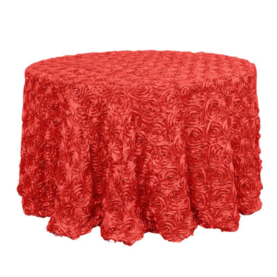 Satin 120" Round Tablecloth Red - Grandiose 3D Rosette with Seamless Finish Table Cover - Linen Luxes