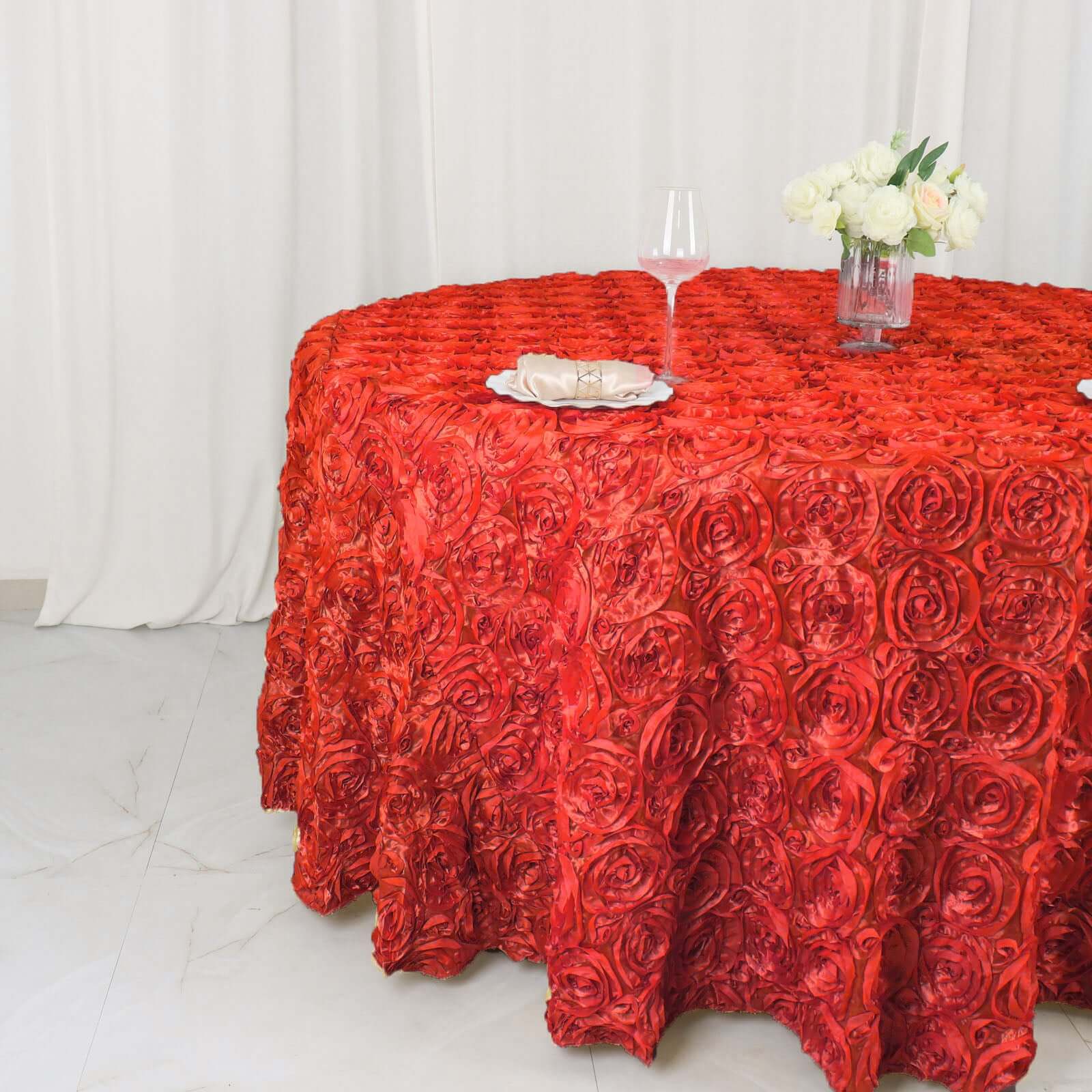 Satin 120" Round Tablecloth Red - Grandiose 3D Rosette with Seamless Finish Table Cover - Linen Luxes